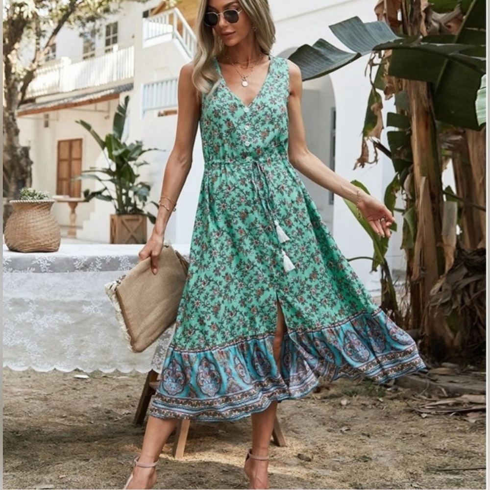 Bohemian Floral Maxi Dress - Green